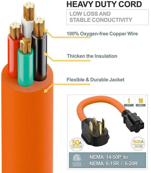 Alt view image 14 of 14 - 1FT STW 10/3 Heavy Duty Nema 14-50P 50-AMP Plug Male to 6-20R/6-15R T-Blade adapter, 4-Prong 250V to 20A 250V 6-20/15R Adapter, 14-50 to 6-20R EV Dryer Adapter