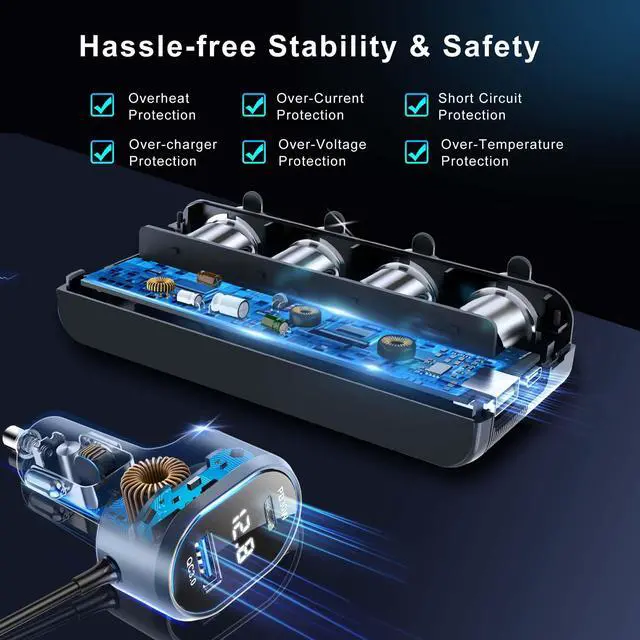 Alt view image 12 of 14 - 8 in 1 Cigarette Lighter Splitter,264W 4 Socket Car Cigarette Lighter Adapter,Type-C QC3.0 PD 30W Charging,Heavy Duty Truck Car USB Chager Multi Plug Outlet 12V/24V Independent Switches,LED Voltmeter