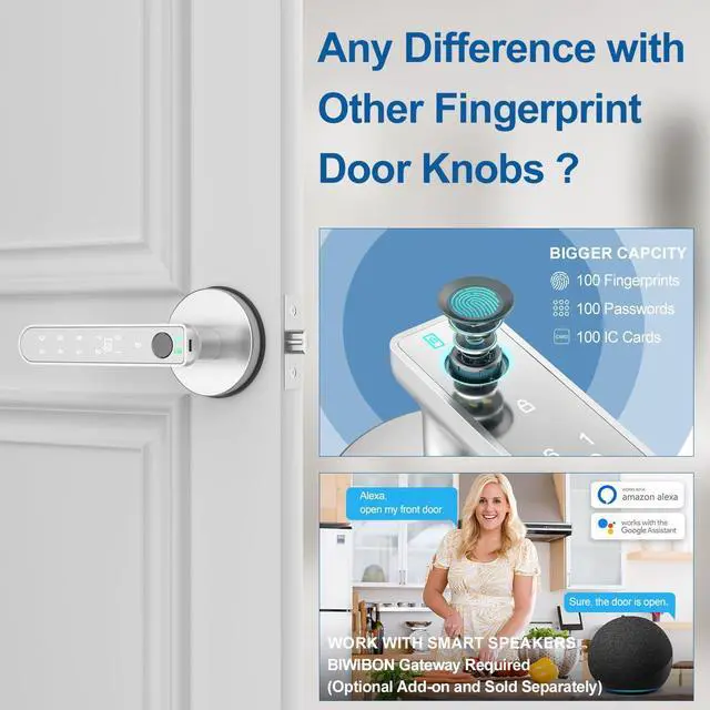 Alt view image 10 of 12 - Fingerprint Door Lock, 5 in 1 Smart Door Knob with Smart APP/Fingerprint/IC Cards/Password/Backup Keys, Finger Print Door Knob with Keypad for Bedroom, Office, Apartment, Silver, 1 Pack