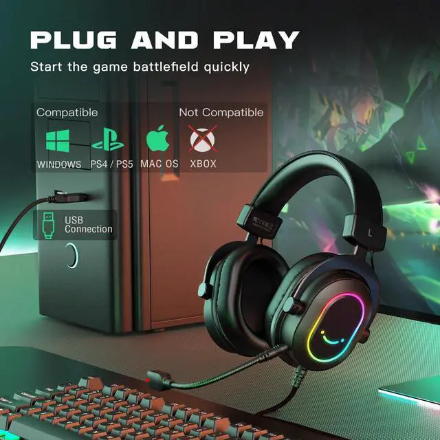 Alt view image 13 of 14 - Gaming Headset for PC-Wired Headphones with Microphone-7.1 Surround Sound Computer USB Headset for Laptop, Streaming Headphones on PS4/PS5, with EQ Mode, RGB, Soft Ear Pads - AmpliGame H6