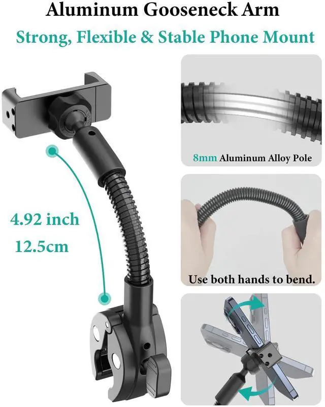 Alt view image 11 of 14 - Phone Holder, Gooseneck Cell Phone Mount for Baby Stroller, Shopping Cart, Bicycle, Pilates Reformer, Handlebar Clamp Mount for iPhone 16 Pro Max/14/13/12, Galaxy S24, 47" Smartphone