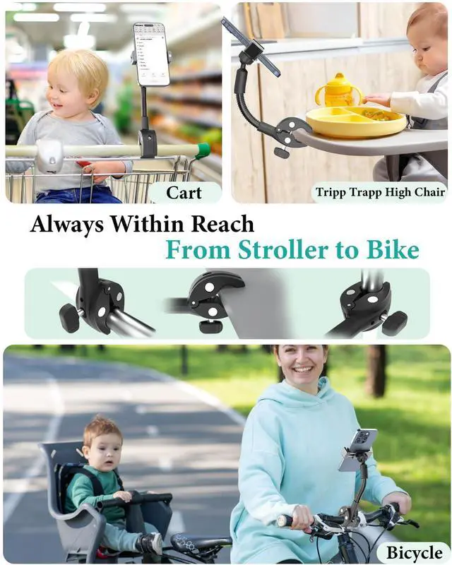 Alt view image 12 of 14 - Phone Holder, Gooseneck Cell Phone Mount for Baby Stroller, Shopping Cart, Bicycle, Pilates Reformer, Handlebar Clamp Mount for iPhone 16 Pro Max/14/13/12, Galaxy S24, 47" Smartphone