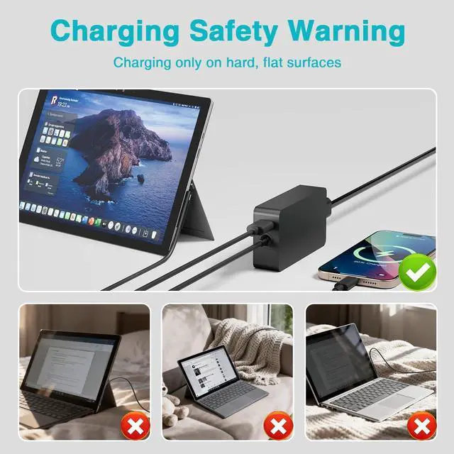 Alt view image 13 of 14 - 65W Charger Compatible with Microsoft Surface Pro 11, 10, 9, 8, 7+, 7, 6, 5, 4, 3, X, Power Adapter for Windows Surface Laptop 7/6/5/4/3/2/1, Go Tablet, Book 3/2/1, Support 44W, 36W, LED, 10FT