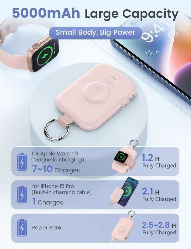 Alt view image 8 of 12 - Portable Charger, 5000mAh Portable Charger Power Bank with Built-in Cables, Travel Keychain Battery Pack for Apple Watch Ultra/11/10/9/8/7/6/SE, iPhone Air/17/16/15/14/13/12, Pink