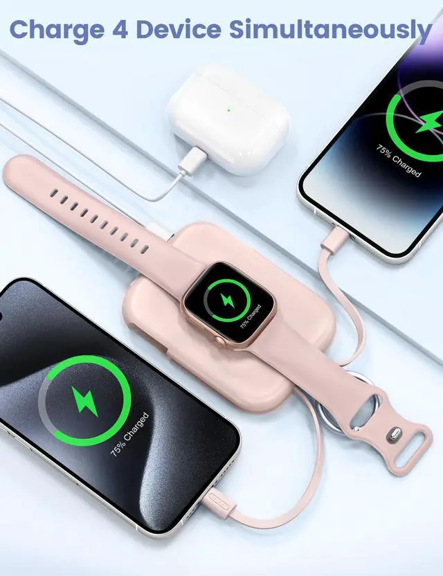 Alt view image 9 of 12 - Portable Charger, 5000mAh Portable Charger Power Bank with Built-in Cables, Travel Keychain Battery Pack for Apple Watch Ultra/11/10/9/8/7/6/SE, iPhone Air/17/16/15/14/13/12, Pink