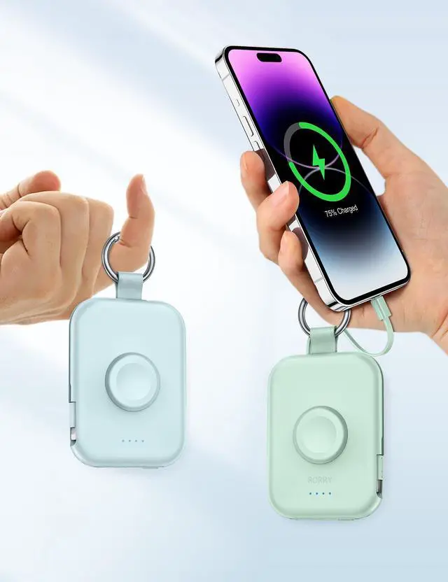 Alt view image 11 of 12 - Portable Charger, 5000mAh Portable Charger Power Bank with Built-in Cables, Travel Keychain Battery Pack for Apple Watch Ultra/11/10/9/8/7/6/SE, iPhone Air/17/16/15/14/13/12, Pink