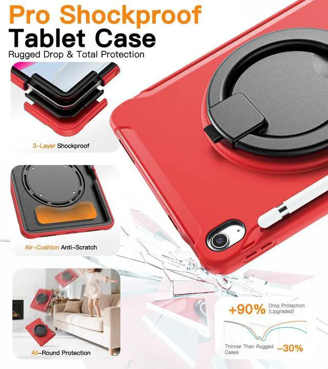 Alt view image 10 of 14 - Case for iPad 10th Gen 10.9" 2022 / 11th Gen (A16) 11" 2025 | 360° Multi-Angle Stand (Portrait & Landscape) & Grip, Built-in Screen Protector, Pencil Holder, Red