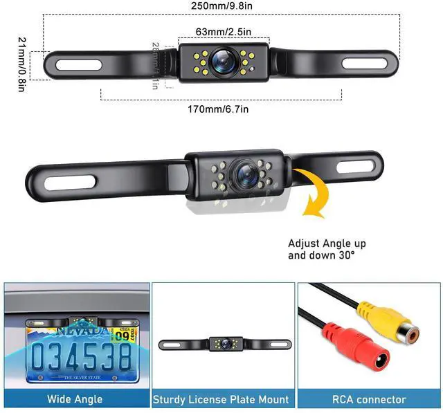 Alt view image 12 of 14 - Backup Camera, AHD 1080P Rear View License Plate Camera, Night Vision Reverse Camera with 9 LEDs, Wide Angle IP69K Waterproof Rear Camera for 12-24V Car Vehicle SUV RV