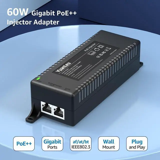 Alt view image 9 of 14 - Gigabit PoE Injector 60W, PoE++ Injector Converts Non-PoE to PoE++ Network, IEEE 802.3at/af, 10/100/1000Mbps PoE Adapter, Distances Up to 325 Feet, Plug & Play, Wall-Mounted