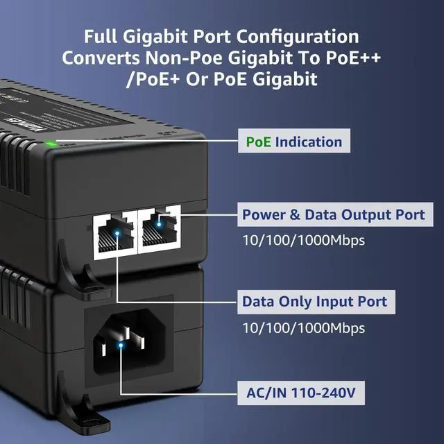 Alt view image 10 of 14 - Gigabit PoE Injector 60W, PoE++ Injector Converts Non-PoE to PoE++ Network, IEEE 802.3at/af, 10/100/1000Mbps PoE Adapter, Distances Up to 325 Feet, Plug & Play, Wall-Mounted