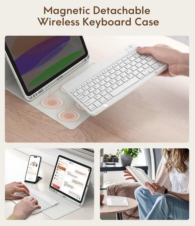 Alt view image 11 of 14 - Keyboard Case for iPad (A16) 11th/10th Generation (2025/2022), Detachable Wireless Keyboard, Stand Folio Keyboard Cover with Pencil Holder, Thin & Light (White)