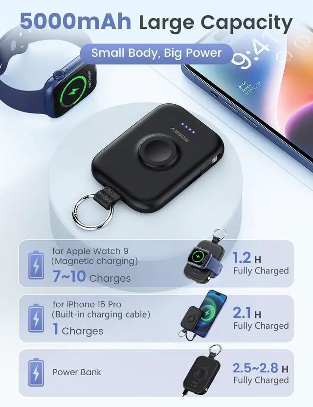 Alt view image 9 of 12 - Portable Charger, 5000mAh Portable Charger Power Bank with Built-in Cables, Travel Keychain Battery Pack for Apple Watch Ultra/11/10/9/8/7/6/SE, iPhone Air/17/16/15/14/13/12, Black