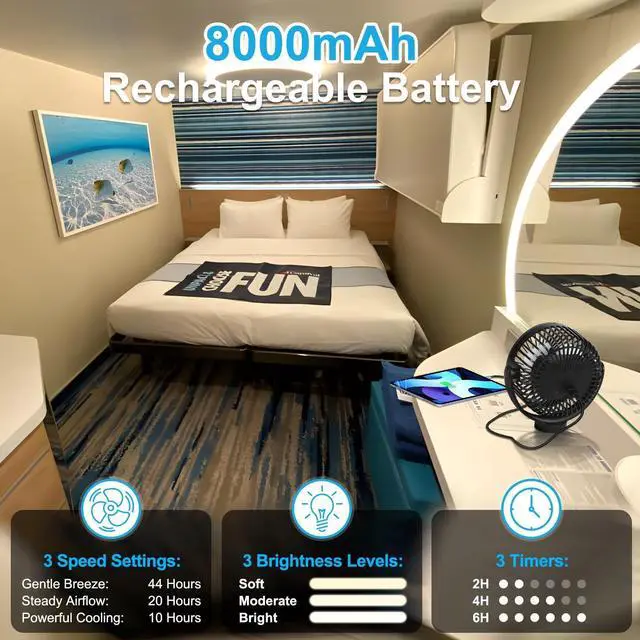 Alt view image 10 of 14 - Magnetic Cruise Fan with 8000mAh Rechargeable Battery, LED Light, Timer&Power Output, Magnetically Sticks on Cabin Ceilings and Walls, Ship Approved Cabin Air Circulator
