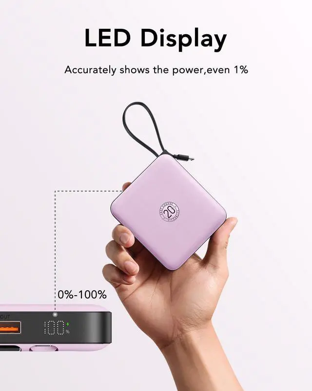 Alt view image 14 of 14 - Portable Charger with Built-in Cable, 10000mAh Power Bank, 22.5W/PD20W Fast Charging USB C Battery Pack for iPhone 16 15 14 Samsung Galaxy S25 S24 S23 S22 Android Airpods, Purple(1 Pack)