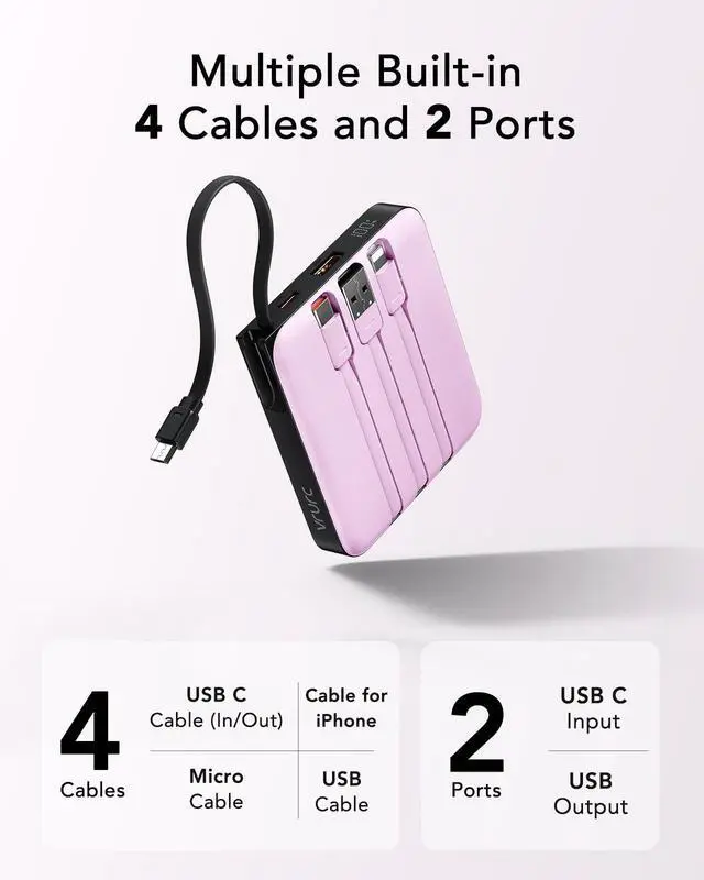 Alt view image 13 of 14 - Portable Charger with Built-in Cable, 10000mAh Power Bank, 22.5W/PD20W Fast Charging USB C Battery Pack for iPhone 16 15 14 Samsung Galaxy S25 S24 S23 S22 Android Airpods, Purple(1 Pack)