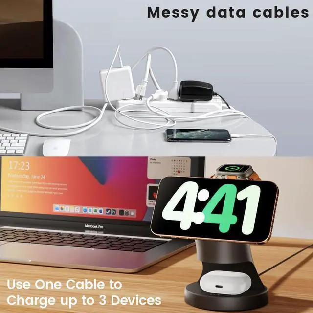 Alt view image 9 of 14 - 3 in 1 Wireless Charging Station for Apple Devices,Magsafe Charger for IPhone17 16 15 14 13 12 Pro/Max/Plus/Mini Wireless Charger Station for AirPods 2/3/4/Pro iWatch Ultra11/10/9/8/7/SE/6/5/4/3/2