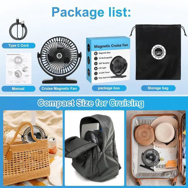 Alt view image 13 of 14 - 6 Inch Magnetic Fan 12000mAh Rechargeable Portable Fan with Strong Magnet Base, LED Light, 360° Rotation Head, Timer&Power Output, Perfect Cruise Essentials for All Major Cruises