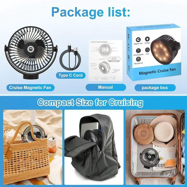 Alt view image 14 of 14 - Magnetic Cruise Fan with 8000mAh Rechargeable Battery, LED Light, Timer&Power Output, Magnetically Sticks on Cabin Ceilings and Walls, Ship Approved Cabin Air Circulator