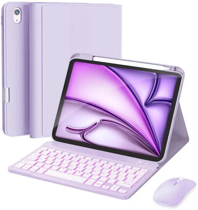 Alt view image 8 of 14 - for iPad Air 11-inch Case with Keyboard M4/M3/M2 (2026/2025/2024), Mouse and Detachable Wireless Keyboard Combo for iPad Air 5th/4th 10.9-inch, 7-Color Backlight with Pencil Holder, Purple