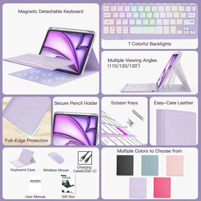 Alt view image 9 of 14 - for iPad Air 11-inch Case with Keyboard M4/M3/M2 (2026/2025/2024), Mouse and Detachable Wireless Keyboard Combo for iPad Air 5th/4th 10.9-inch, 7-Color Backlight with Pencil Holder, Purple