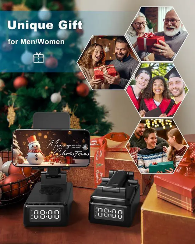 Alt view image 9 of 14 - Birthday Gifts for Men Women,Cell Phone Stand with Wireless Bluetooth Speaker,Wireless Phone Charger Stand Alarm Clock for iPhone,Holiday Gifts for Men Women Dad Mom Husband Teen Cool Tech Gadgets