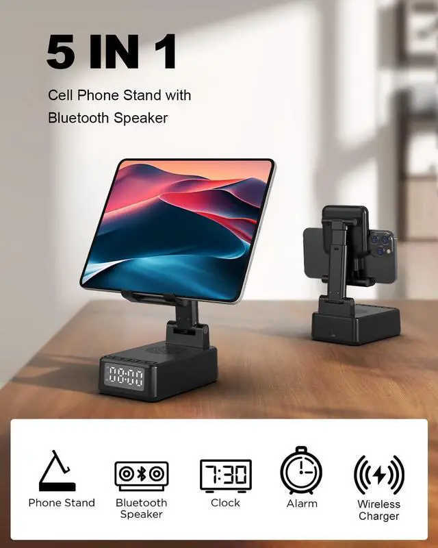 Alt view image 10 of 14 - Birthday Gifts for Men Women,Cell Phone Stand with Wireless Bluetooth Speaker,Wireless Phone Charger Stand Alarm Clock for iPhone,Holiday Gifts for Men Women Dad Mom Husband Teen Cool Tech Gadgets