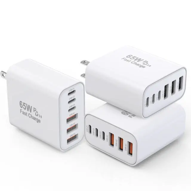 Alt view image 5 of 8 - 3 Pack 65W GaN Type C Wall Charger Block,6-Port Fast Charging Block,PD USB C Plug Adapter+QC Plug Compatible with Apple iPhone 17/17 Air/16E/16Pro Max/16Plus/16/15/14/13/12/11/XS Max,iPad Pro,AirPods