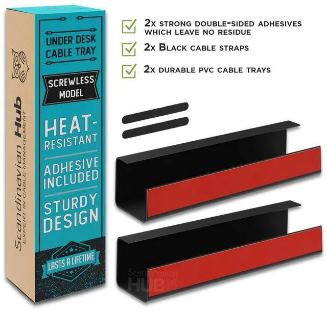 Alt view image 12 of 14 - No-Screw Under Desk Cable Management Tray - Self-Adhesive Installation, Cord Management, Cable Tray, Under Desk Wire Organizer - Black Set of 2