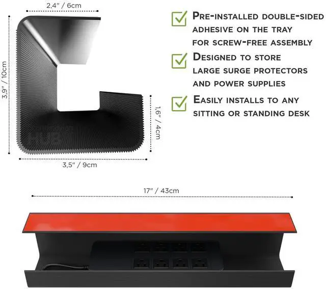 Alt view image 13 of 14 - No-Screw Under Desk Cable Management Tray - Self-Adhesive Installation, Cord Management, Cable Tray, Under Desk Wire Organizer - Black Set of 2