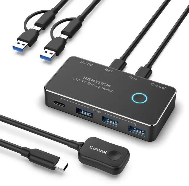 Alt view image 8 of 14 - USB 3.0/USB C Switch 2 Computers Share 4 USB 3.0 Data Ports(3 USB-A+1 USB-C), USB Switcher Selector with 2 Cables and Controller for PC Laptop Keyboard Mouse and Printer