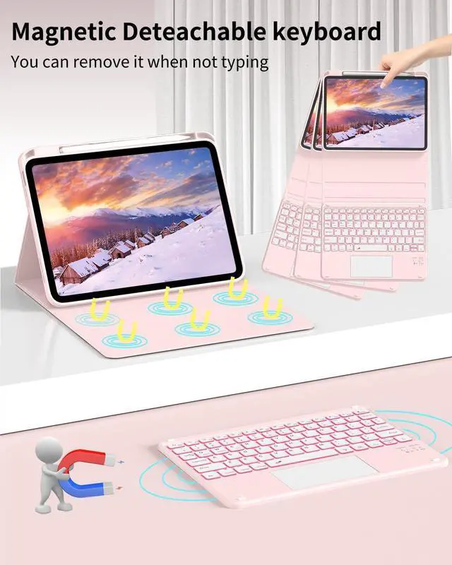 Alt view image 10 of 14 - for iPad (A16) 11th 10th Generation Case with Keyboard, 7-Colors Backlit, Folio Cover with Pencil Holder, Multi-Touch Trackpad, Detachable Keyboard for iPad 11/10.9-inch 2025/2022 (Light Pink)