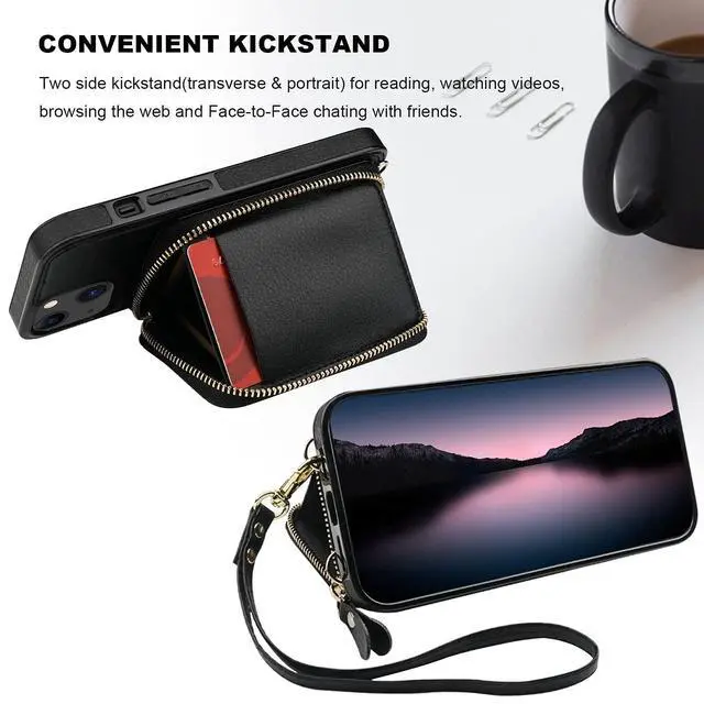 Alt view image 12 of 14 - RFID Blocking Wallet Case for iPhone 14 iPhone 13, Adjustable Crossbody Zipper Purse Case Card Holder with Kickstand Detachable Wrist Strap, PU Leather Flip Folio Case 6.1 Inch 5G (Black)