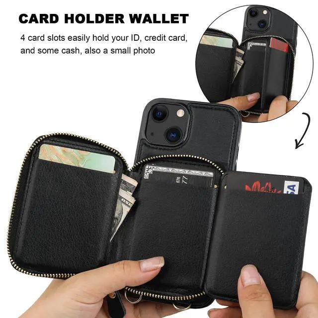 Alt view image 14 of 14 - RFID Blocking Wallet Case for iPhone 14 iPhone 13, Adjustable Crossbody Zipper Purse Case Card Holder with Kickstand Detachable Wrist Strap, PU Leather Flip Folio Case 6.1 Inch 5G (Black)