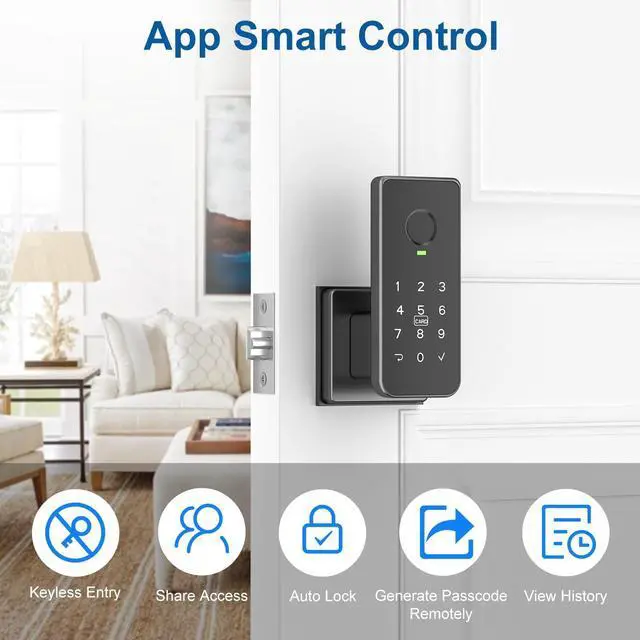 Alt view image 10 of 14 - Fingerprint Door Lock 5-in-1 Biometric Smart Lock with Keypad, App Control, Key, Auto-Lock, Electronic Deadlock Keyless Entry for Bedroom, Office, Indoor Use Includes 2 IC Cards