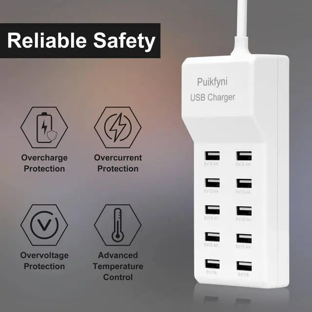 Alt view image 13 of 14 - 2 Pack 10-Ports USB Charger Station, Power Strips with Surge ProtectionSmart USB Charger for Multiple Devices,Smart Watches Phones Tablets for Home,Office,Travel(USB-A Port)