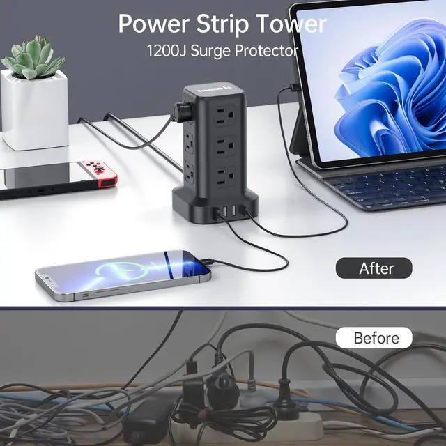 Alt view image 10 of 14 - Extension Cord with Multiple Outlets, Surge Protector Power Strip Tower, 10FT Outlet Extender with 12 AC Outlets 4 USB, Power Strip with USB Ports for Home Office Dorm Room,Overload Protection
