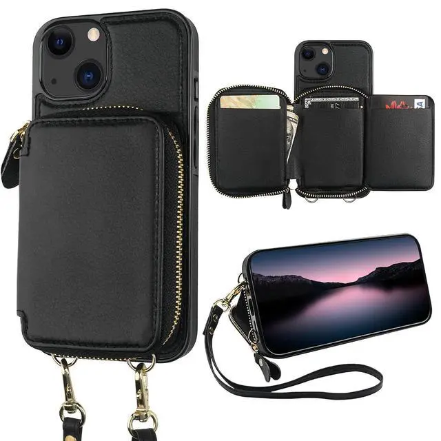 Alt view image 8 of 14 - RFID Blocking Wallet Case for iPhone 14 iPhone 13, Adjustable Crossbody Zipper Purse Case Card Holder with Kickstand Detachable Wrist Strap, PU Leather Flip Folio Case 6.1 Inch 5G (Black)
