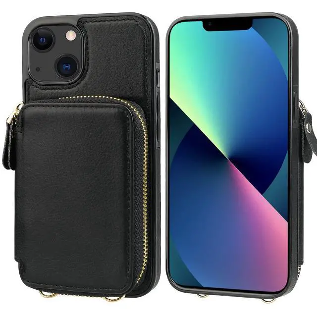 Alt view image 10 of 14 - RFID Blocking Wallet Case for iPhone 14 iPhone 13, Adjustable Crossbody Zipper Purse Case Card Holder with Kickstand Detachable Wrist Strap, PU Leather Flip Folio Case 6.1 Inch 5G (Black)