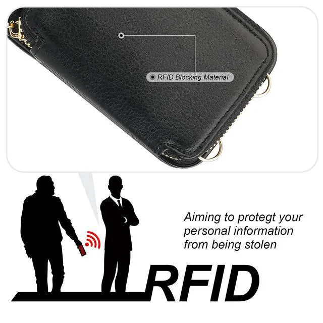 Alt view image 11 of 14 - RFID Blocking Wallet Case for iPhone 14 iPhone 13, Adjustable Crossbody Zipper Purse Case Card Holder with Kickstand Detachable Wrist Strap, PU Leather Flip Folio Case 6.1 Inch 5G (Black)