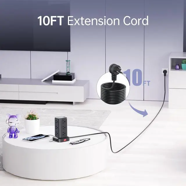 Alt view image 12 of 14 - Extension Cord with Multiple Outlets, Surge Protector Power Strip Tower, 10FT Outlet Extender with 12 AC Outlets 4 USB, Power Strip with USB Ports for Home Office Dorm Room,Overload Protection
