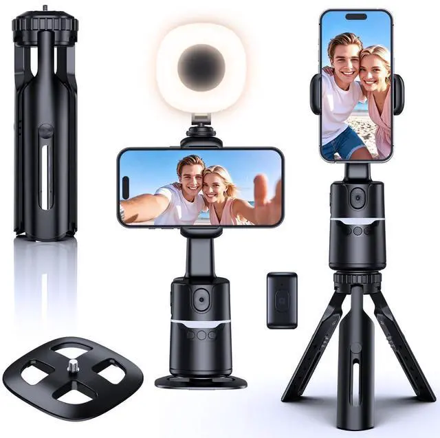 Alt view image 8 of 14 - Auto Face Tracking Tripod with Adjustable Desk Tripod, 360° Rotating vlogging kit for iPhone with Remote & Gesture Control, Rechargeable Selfie Fill Light, No App Required