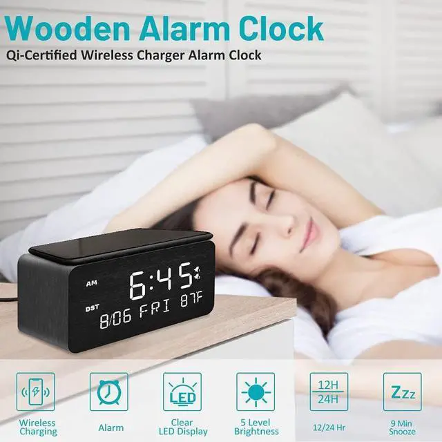 Alt view image 9 of 14 - Wooden Digital Alarm Clock with Wireless Charging, 0-100% Adjustable Brightness Dimmer and Alarm Volume, Weekday/Weekend Mode, Dual Alarm, Snooze, 12/24H, Wood LED Clock for Bedroom (Black)