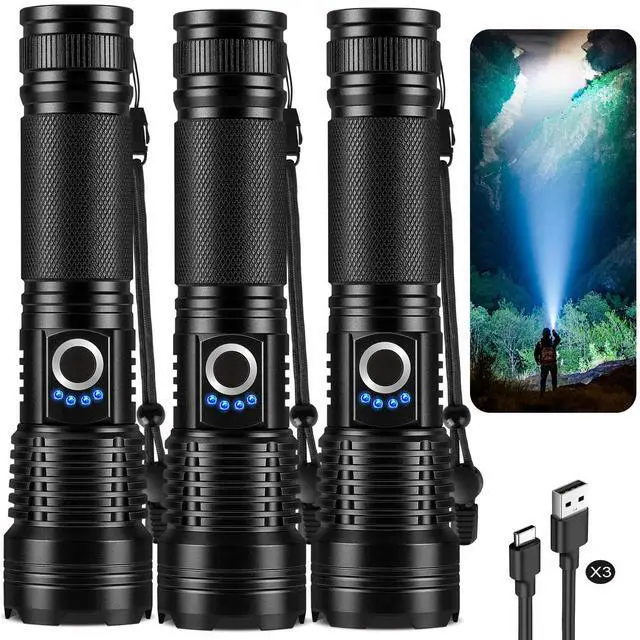 Alt view image 8 of 13 - Rechargeable Flashlights High Lumens 3 Packs, 99,000 Lumens Super Bright LED Flash Light with 5 Modes Adjustable LED Flashlight, High Powered Flashlight for Home Camping Outdoor