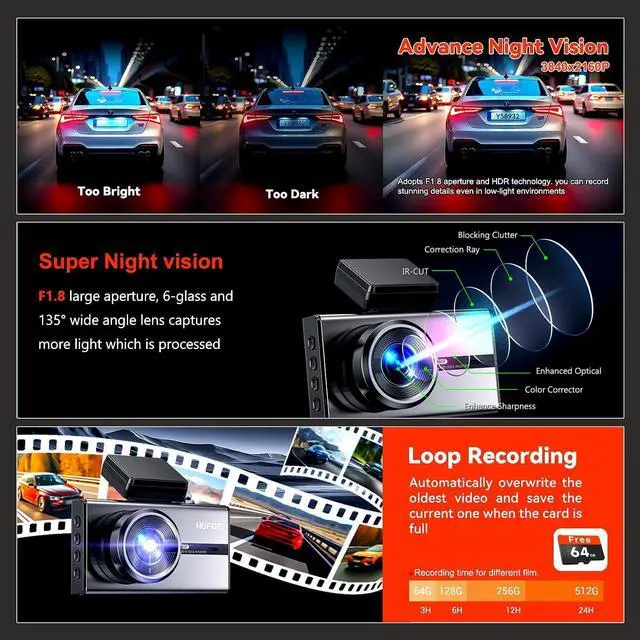 Alt view image 10 of 14 - 4K Dash Cam,3.6" IPS Touch Screen,1080P Dash Camera for Cars,Built-in WiFi,G-Sensor,Night Vision, Loop Recording,7/24H Parking Mode,Dash Cam Front and Rear with 64GB Card Included