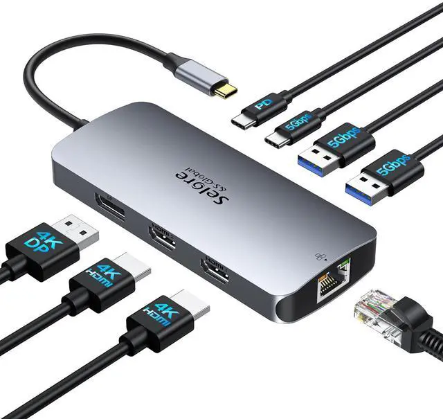 Alt view image 8 of 14 - USB C Docking Station Dual Monitor, Selore Docking Station 3 Monitors Triple 4K Display with 2 HDMI, DisplayPort, 1Gbps Ethernet, 100W PD Charging, USB 3.0 Ports Adapter for Dell, HP, Lenovo,etc