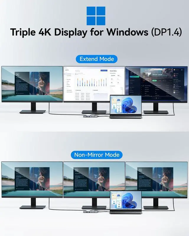 Alt view image 10 of 14 - USB C Docking Station Dual Monitor, Selore Docking Station 3 Monitors Triple 4K Display with 2 HDMI, DisplayPort, 1Gbps Ethernet, 100W PD Charging, USB 3.0 Ports Adapter for Dell, HP, Lenovo,etc