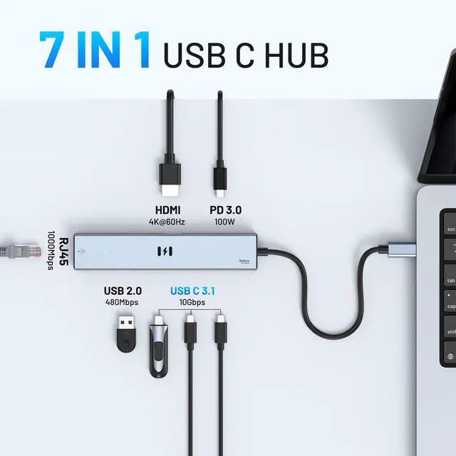 Alt view image 9 of 13 - 10Gbps USB C Hub Multiport Adapter, Ethernet Adapter with 4K@60Hz HDMI, Gigabit Ethernet, 3 USB C Ports, 100W PD, USBC Dongle for MacBook Pro Air, iPad, HP, Dell, etc