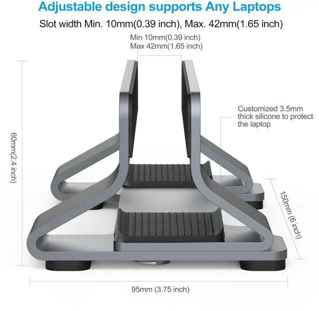 Alt view image 10 of 12 - Aluminum Vertical Laptop Stand Dock Holder, Adjustable Slot Width 12-42mm, Space-Saving Upright Storage for MacBook and Laptops