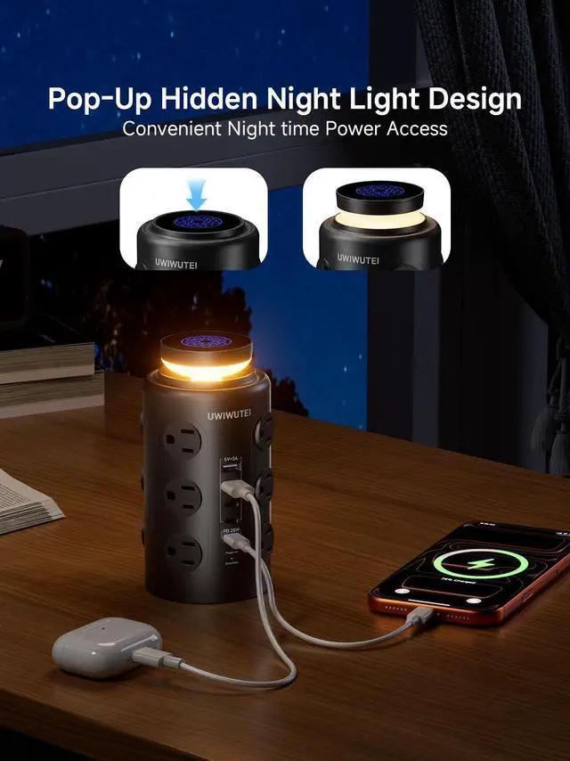 Alt view image 10 of 14 - Tower Power Strip with Night Light,PD20W USB C Power Strip Tower with Multiple Outlets, 12 Outlets,5 USB Ports (3 USB-C), 6FT Extension Cord Desk Charging Station for Home,Office,Dorm Essentials,Black