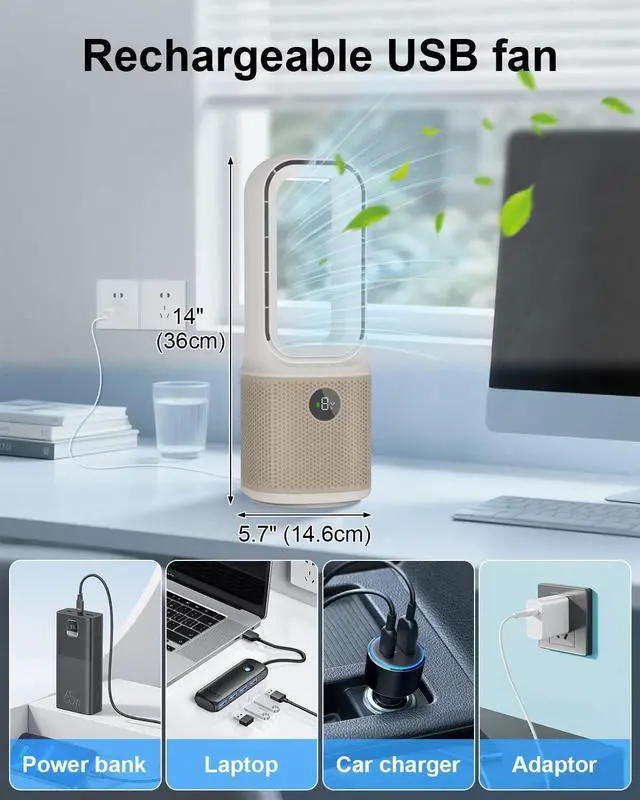 Alt view image 14 of 14 - Desk Fan, Small Quiet Bladeless Fan with 9 Speed Adjustment & 3 Light Modes, 14 Inch USB Rechargeable with 5000mAh Battery, 60° Oscillating Cooling Fans for Office, Living Room, Bedroom White